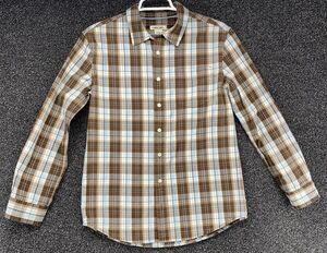 Cherokee Boy L 12 14 Long Sleeve Plaid Shirt Brown Light Blue Cotton Button Down